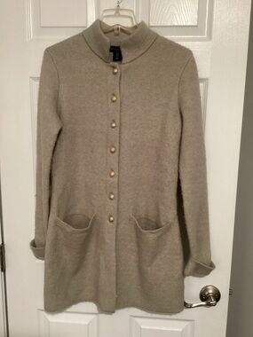 Adrienne Vittadini Taupe Long Wool Cardigan with Gold Buttons